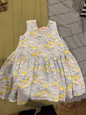 Blue Bird-Print Sleeveless Cotton Dress for Kids